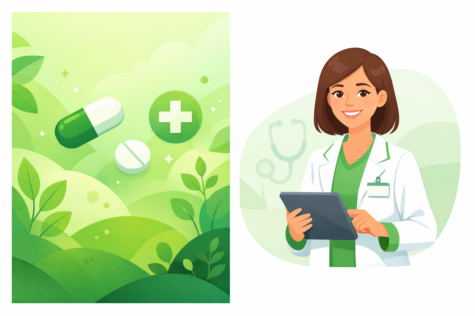 Ilustración ecológica con hojas y píldoras